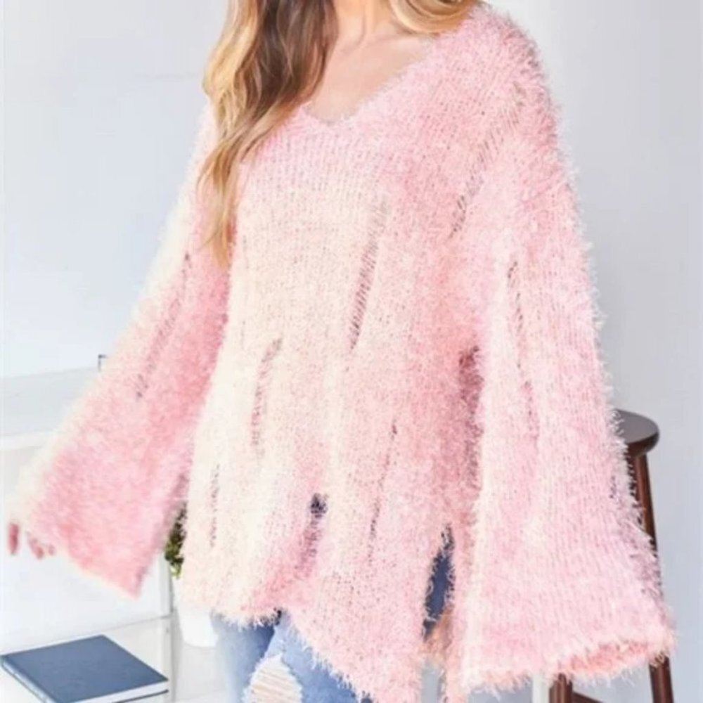 Pink Fuzzy knit Distressed Oversized Sweater top